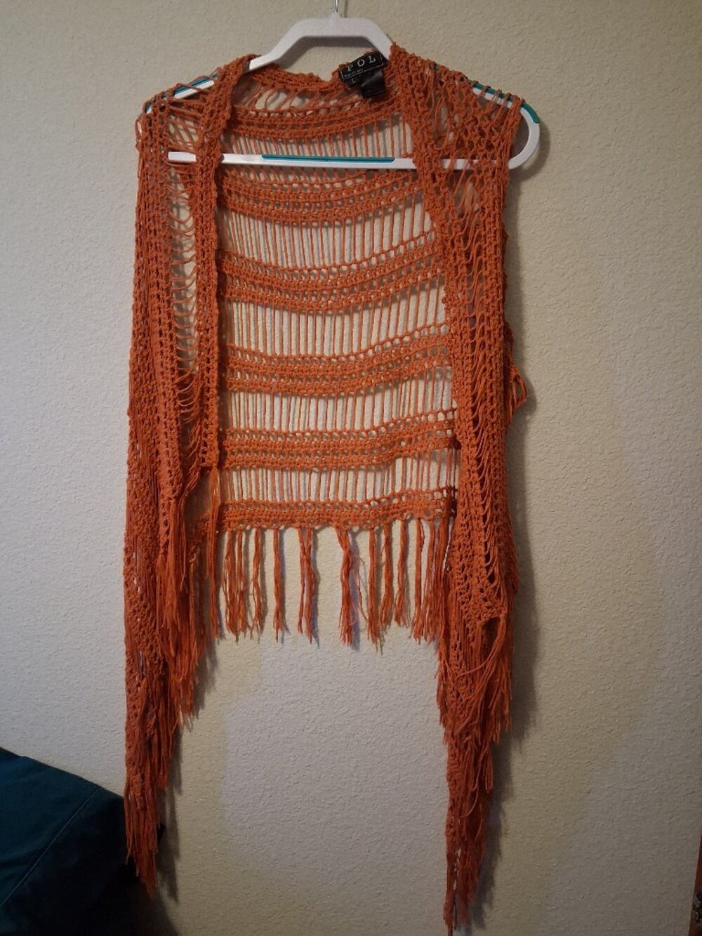 POL Orange Crochet Open Front Fringe yarn Vest Duster Boho Size Large Oversized